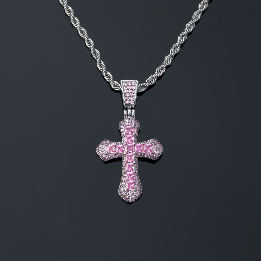 SFRCORD® Iced Pink Princess Cut Cross Pendant