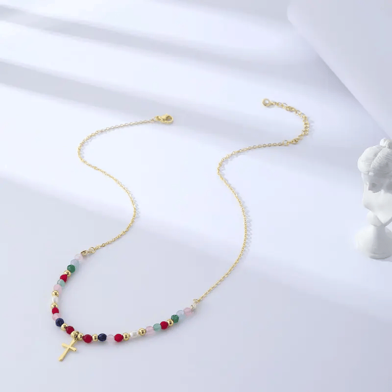 🎁 Perfect Gift! 49% OFF | Dainty Beaded Cross Necklace ✨ Adjustable 14K Gold/Silver Plated Chain