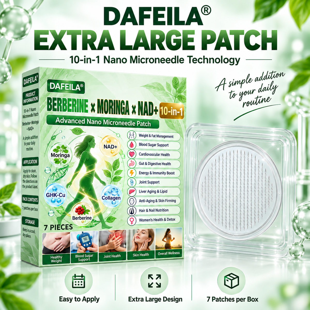 DAFEILA® 10-in-1 Nano Microneedle Patches with Berberine, Moringa & NAD+ — 7 Patches