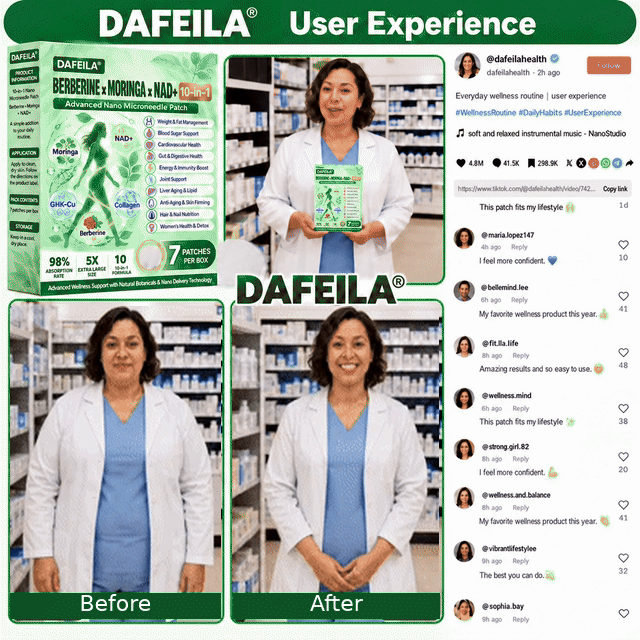 DAFEILA® 10-in-1 Nano Microneedle Patches with Berberine, Moringa & NAD+ — 7 Patches