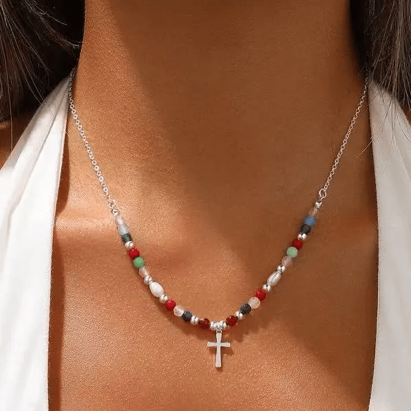🎁 Perfect Gift! 49% OFF | Dainty Beaded Cross Necklace ✨ Adjustable 14K Gold/Silver Plated Chain