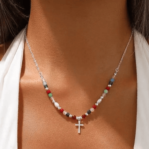 🎁 Perfect Gift! 49% OFF | Dainty Beaded Cross Necklace ✨ Adjustable 14K Gold/Silver Plated Chain