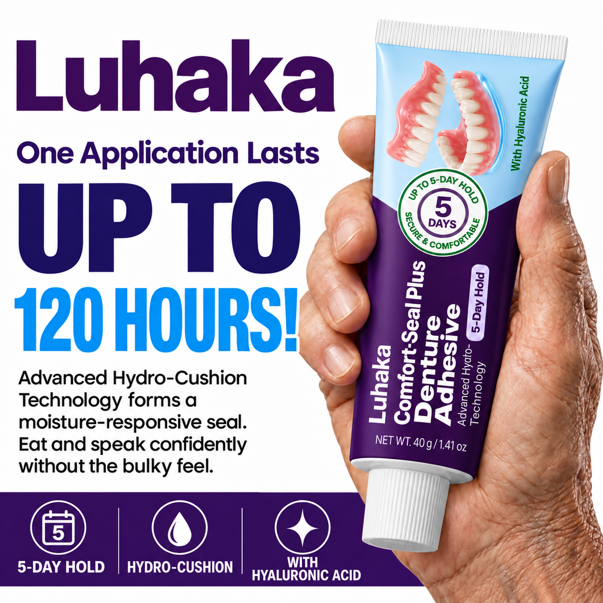 Luhaka Comfort-Seal Plus 5-Day Denture Adhesive with Hyaluronic Acid