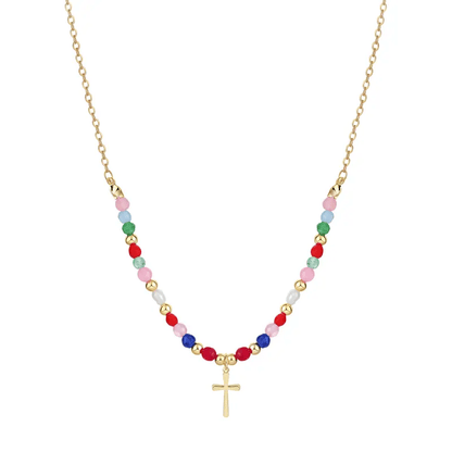 🎁 Perfect Gift! 49% OFF | Dainty Beaded Cross Necklace ✨ Adjustable 14K Gold/Silver Plated Chain