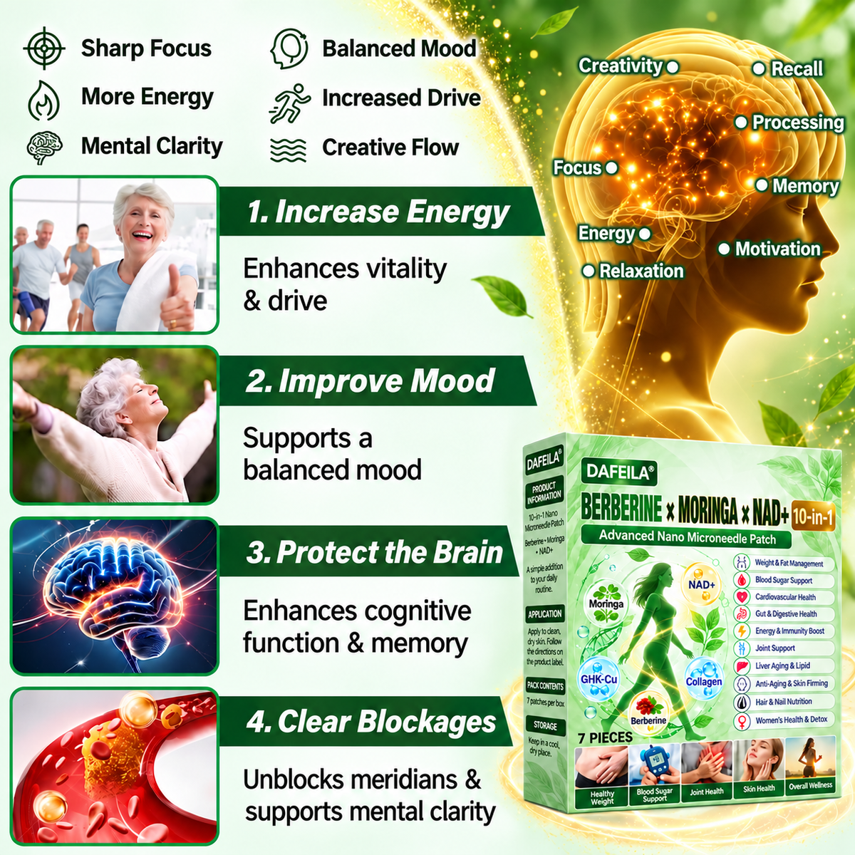 DAFEILA® 10-in-1 Nano Microneedle Patches with Berberine, Moringa & NAD+ — 7 Patches