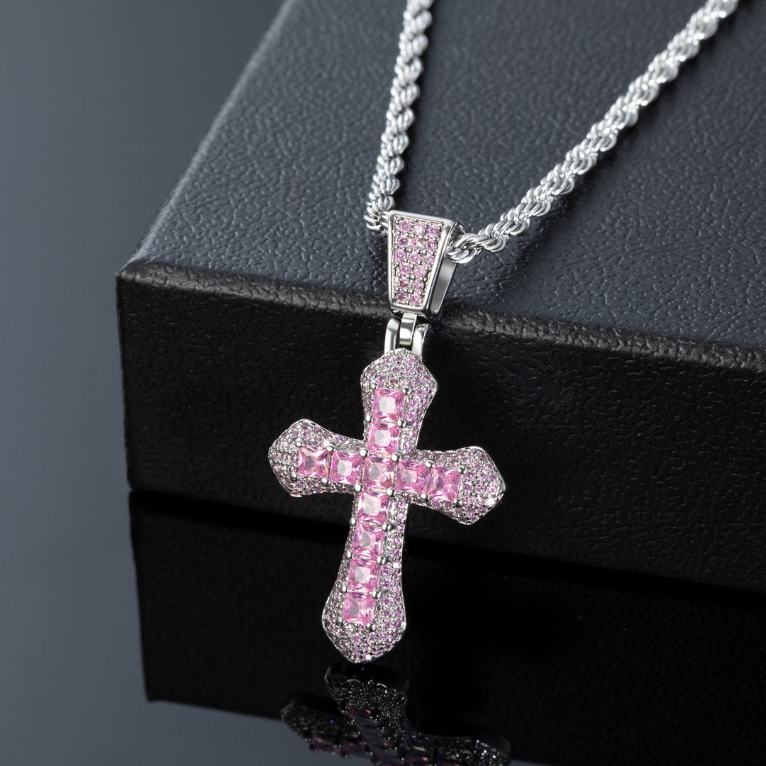 SFRCORD® Iced Pink Princess Cut Cross Pendant