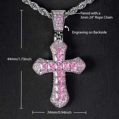 SFRCORD® Iced Pink Princess Cut Cross Pendant