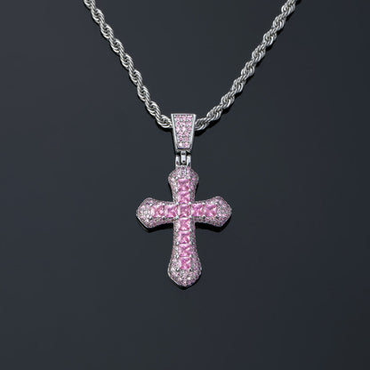 SFRCORD® Iced Pink Princess Cut Cross Pendant