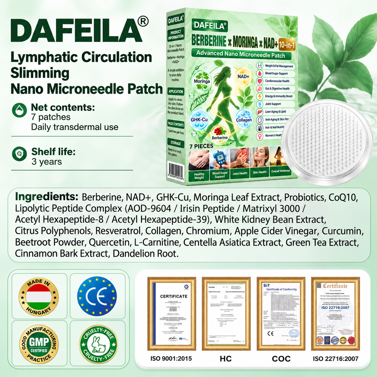 DAFEILA® 10-in-1 Nano Microneedle Patches with Berberine, Moringa & NAD+ — 7 Patches