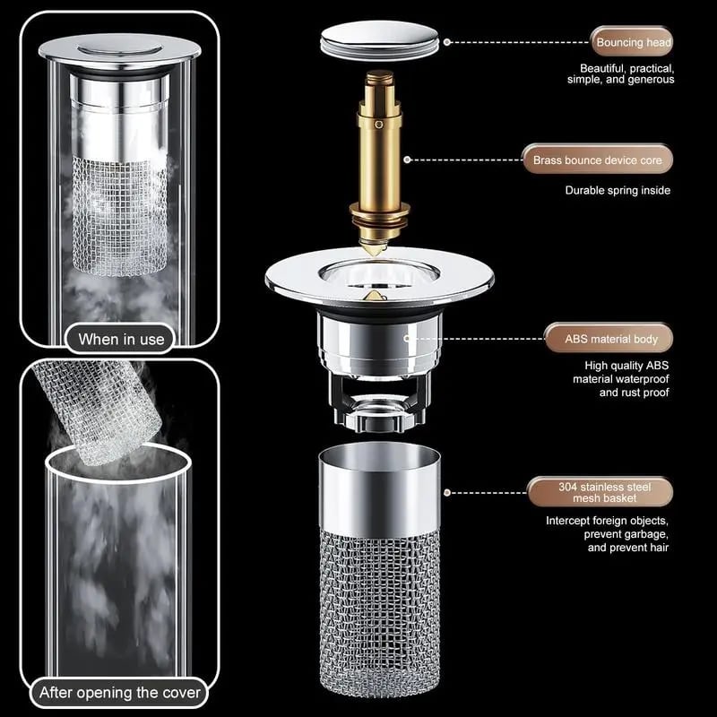 CILIFER® 🔥Bathroom Sink Stopper Hair Catcher. Universal Pop Up Sink Drain Filter with Stainless Steel Filter Basket. Bathroom Sink Drain Strainer