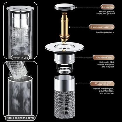 CILIFER® 🔥Bathroom Sink Stopper Hair Catcher. Universal Pop Up Sink Drain Filter with Stainless Steel Filter Basket. Bathroom Sink Drain Strainer