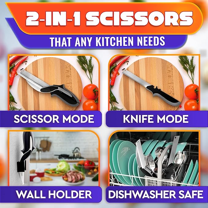 CILIFER® 2 in 1 Kitchen Scissors for Food – Stainless Steel Blade & Plastic Cutting Board Scissors with Safety Lock |  Tomato Knife, Fruit & Vegetable Cutter – Easy-to-Use Kitchen Shears for Meat, Cheese