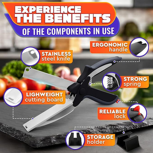 CILIFER® 2 in 1 Kitchen Scissors for Food – Stainless Steel Blade & Plastic Cutting Board Scissors with Safety Lock |  Tomato Knife, Fruit & Vegetable Cutter – Easy-to-Use Kitchen Shears for Meat, Cheese
