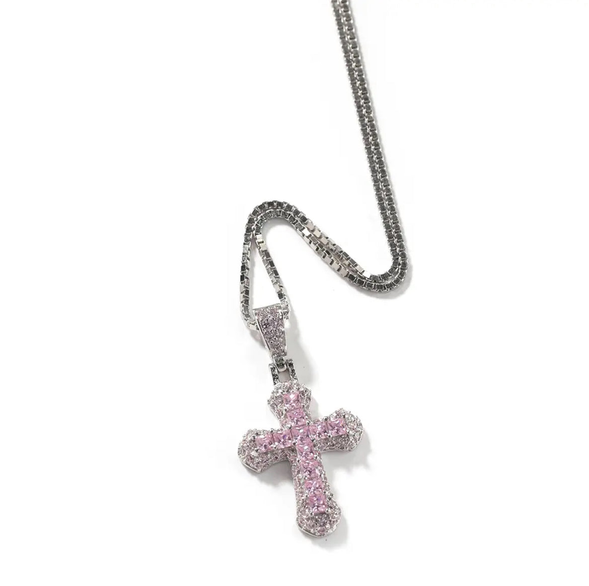 SFRCORD® Iced Pink Princess Cut Cross Pendant