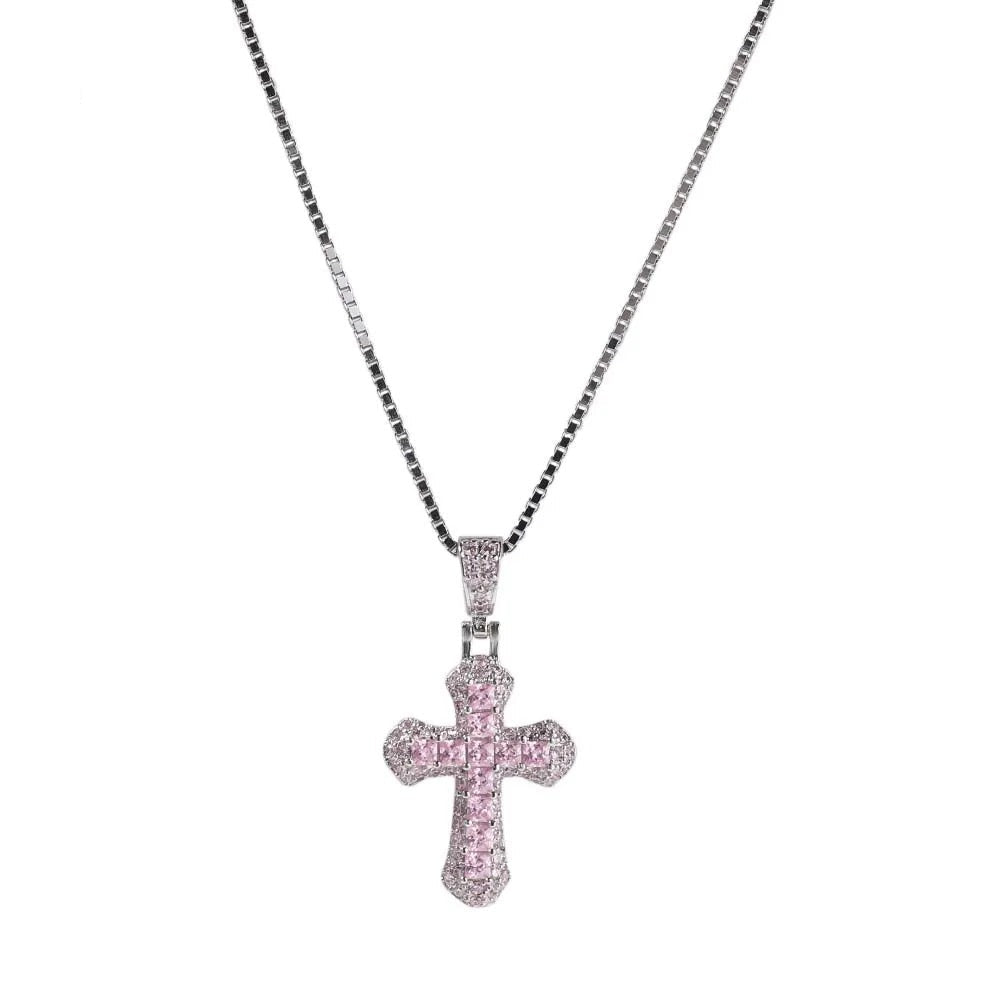 SFRCORD® Iced Pink Princess Cut Cross Pendant