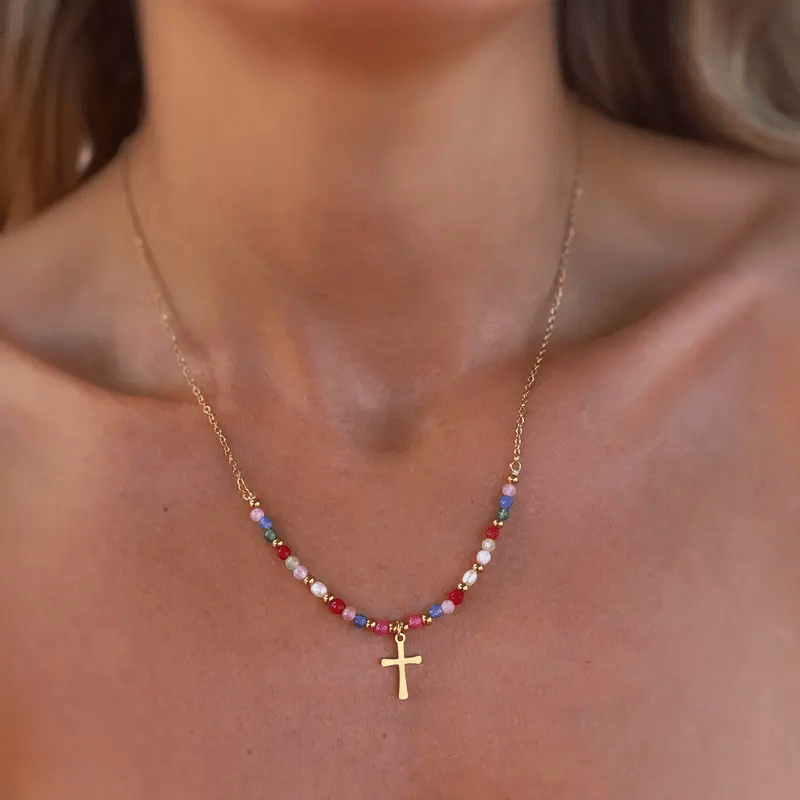 🎁 Perfect Gift! 49% OFF | Dainty Beaded Cross Necklace ✨ Adjustable 14K Gold/Silver Plated Chain