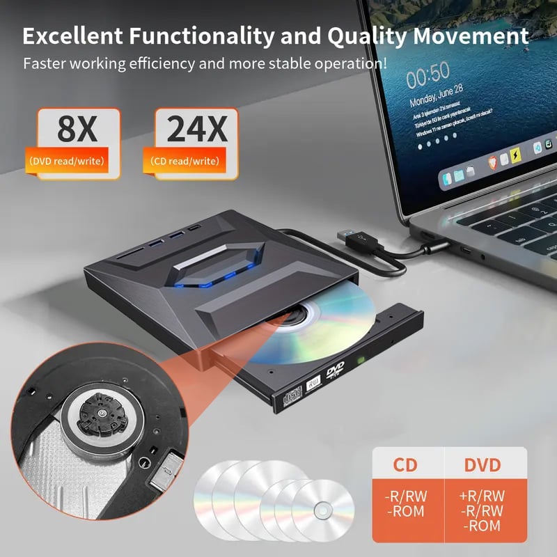 CILIFER® Retro Laptop CD DVD Player USB C 3.0 Portable CD Burner